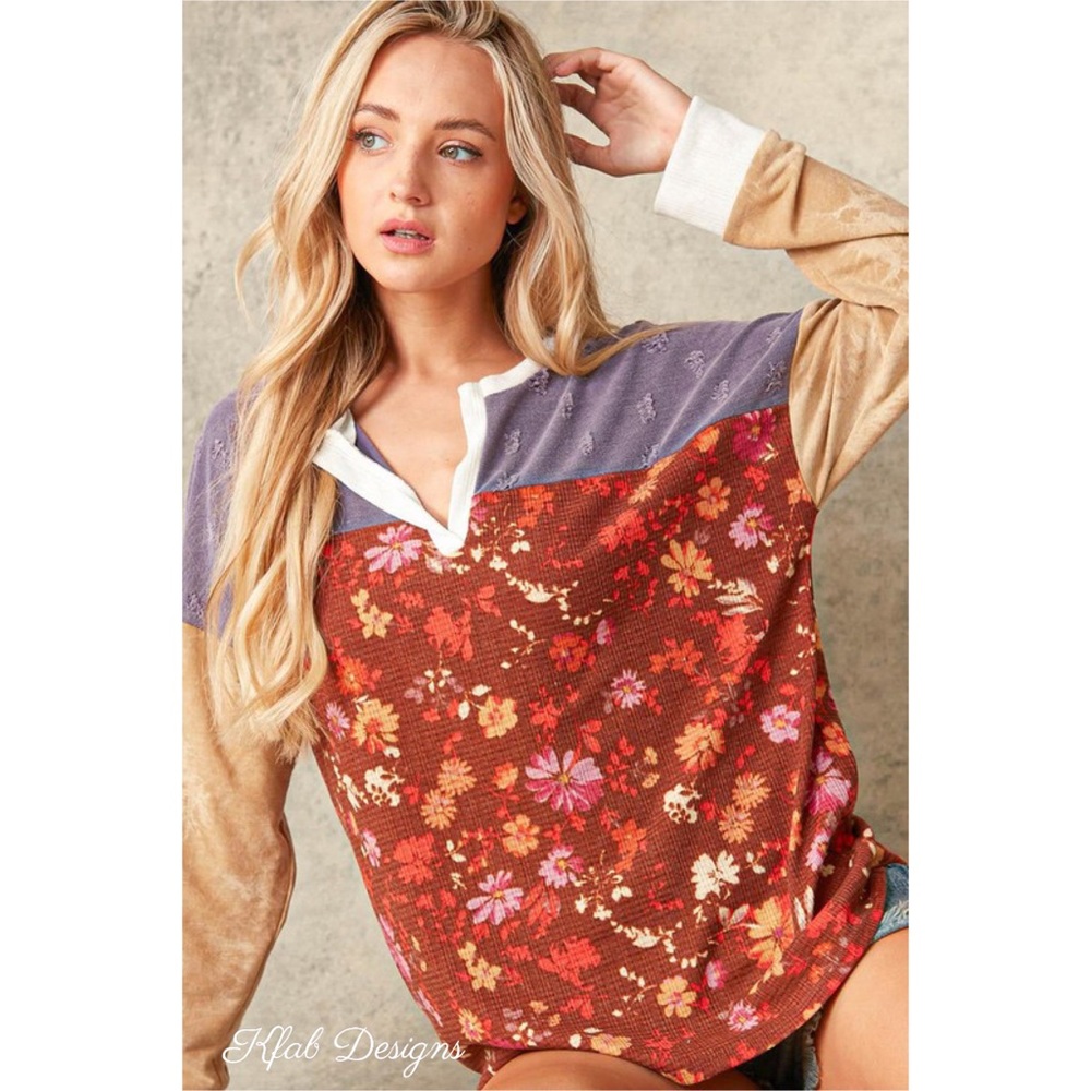 LAST 1! Distressed Floral/Tie Dye Color Block Henley Boho Top! - Picture 4 of 10